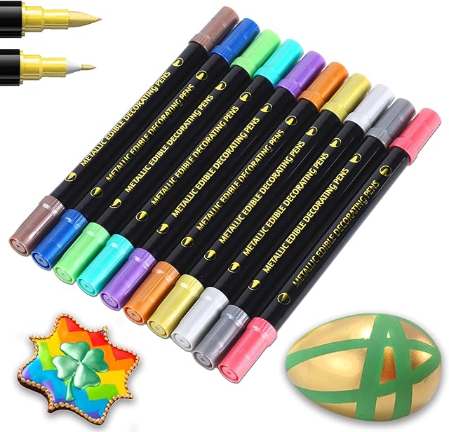 EDIBLE METALLIC MARKERS, 10PCS UPGRADE FOOD GRADE GOLD SHIMMERING PENS FOR COOKIE/CAKE/CUPCAKE/FONDANT/BAKING DECORATING BY PREATOC