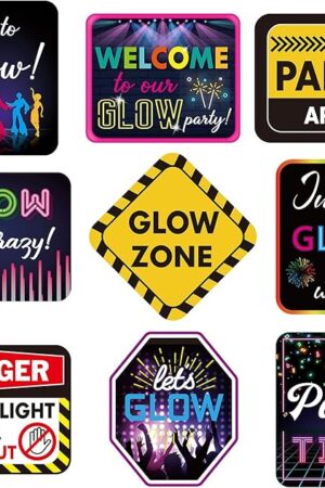 Chinco 9 Pcs Neon Party Decorations Glow in The Dark Birthday Party Favors Black Light Paper Sign Glow Theme Cutouts 11.8 x 7.8 Inch