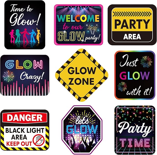 Chinco 9 Pcs Neon Party Decorations Glow in The Dark Birthday Party Favors Black Light Paper Sign Glow Theme Cutouts 11.8 x 7.8 Inch
