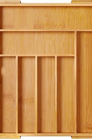 BAMEOS drawer organizer flatware organizer cutlery tray silverware organizer expandable adjustable bamboo drawer organizer kitchen bathroom
