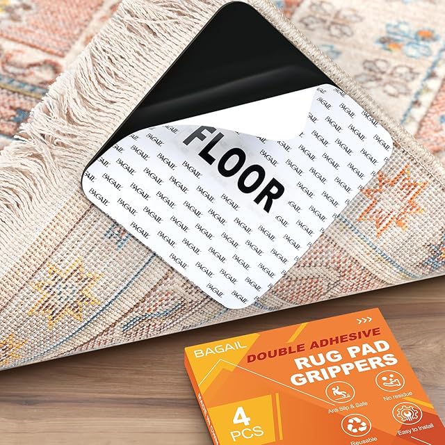 BAGAIL 4 Pcs Rug Gripper Pad, Non Slip Rug Corner Grippers for Hardwood Floors, Strong Adhesive Flexible Carpet Tape, Reusable Under Rug Stickers to Keep Rugs in Place