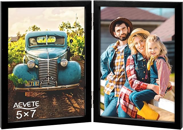 AEVETE 5x7 Picture Frames Double Hinged Wood Folding Photo Frames Vertical with Plexiglass Front, Black