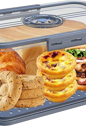 Bread Box Bread Boxs with Lid for Kitchen Counter, 10L Airtight Loaf Bread Storage Container，Time Recording Bread Keeper for Homemade Bread, Toast, Bagel, Donut and Cookies (Grey)