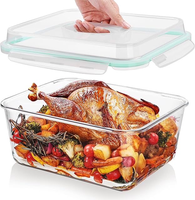 Vtopmart 6.5L/ 220oz/ 27.5cup Extra Large Glass Food Storage Containers with Snap Airtight Lids for Roasting Turkey, Rotisserie Chicken, Baking, Watermelon Storage, BPA Free, Oven Safe, Dishwasher