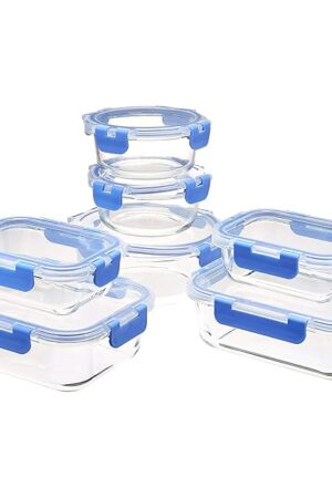 Amazon Basics Glass Food Storage Containers with Locking Lids, Set of 7, 14 pieces including lids, BPA-Free, clear with blue silicone ring