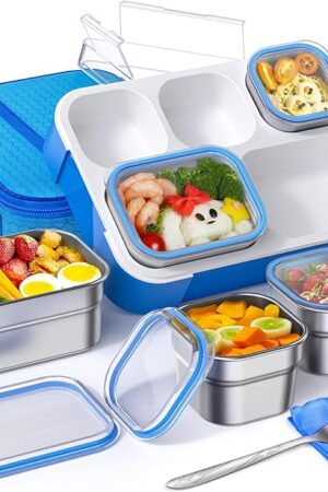Bento Box Stainless Steel Lunch Box Set with for Lunch Bag Kids Adult 5-Compartment Leakproof Insulated Lunch Containers with Utensils for School Works, Metal Lunchbox Tray BPA-Free (Blue)