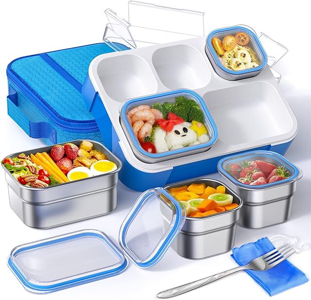Bento Box Stainless Steel Lunch Box Set with for Lunch Bag Kids Adult 5-Compartment Leakproof Insulated Lunch Containers with Utensils for School Works, Metal Lunchbox Tray BPA-Free (Blue)