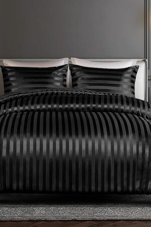 Whale Flotilla 3-Piece Reversible Silky Soft Queen Comforter Set, Luxury Stripe Satin Comforters Full Size Bedding Set with 2 Satin Pillowcases, Lightweight Duvet for All Seasons, Black