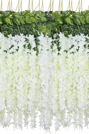 WEISPARK Fake Hanging Flowers - 12 Pieces 3.75 Feet/Piece Artificial Wisteria Vine Ratta Hanging Garland Silk Flowers for Home Party Wedding Decor (White)