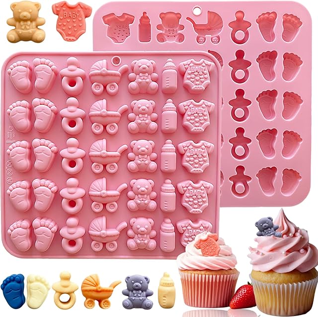 Baby Shower Chocolate Mold,Baby Onesie Pacifier Silicone Mold 2 Pack Baby Feet Molds Baby Bottle Cradles Molds,Bite Size Chocolate Candy Molds for Cake Cupcake Decoration