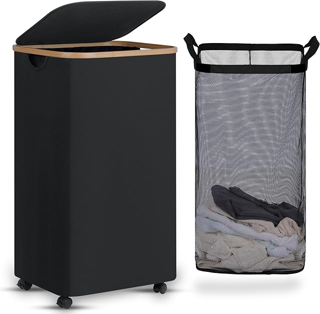 efluky Laundry Basket with Wheels, Tall Rolling Laundry Hamper with Lid and Removable Bag, Aesthetic Dirty Clothes Hamper on Wheels for Laundry Room, Bedroom, Dorm and Bathroom, 100L Black