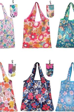 6 Pcs Reusable Shopping Bags Foldable, Machine Washable Shopping Grocery Bags in Pocket , Eco-Friendly Travel Recycle Shopping Bags, Waterproof Pouch Tote Bags for Daily Shopping Supplies load