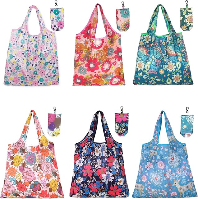 6 Pcs Reusable Shopping Bags Foldable, Machine Washable Shopping Grocery Bags in Pocket , Eco-Friendly Travel Recycle Shopping Bags, Waterproof Pouch Tote Bags for Daily Shopping Supplies load