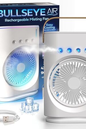 BULLSEYE AIR Portable Air Conditioner, Portable Personal Rechargeable Misting Fan Evaporative Air Cooler, Ac Cooling Fans that Blows Cold Air with Ice Perfect for Car, Bedroom, Camping, Travel