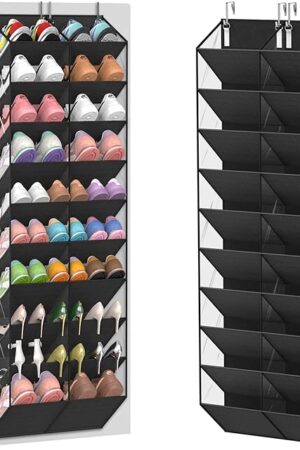 10 Tier Clear Over the Door Shoe Organizer, 20 Large Deep Pockets, Fit 20-30 Pairs Shoe Holder Hanging Storage , Closet Rack Hanger Holds Up to 80 lbs, Hangs on Closets for Shoes, Accessories, Black