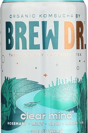 Brew Dr. Kombucha 4 Pack Clear Mind Organic Raw Probiotic Green Tea | with Rosemary, Peppermint and Sage | 12 Fl oz. Cans