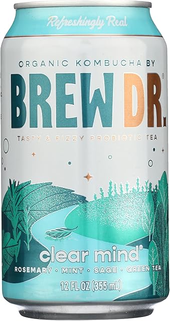 Brew Dr. Kombucha 4 Pack Clear Mind Organic Raw Probiotic Green Tea | with Rosemary, Peppermint and Sage | 12 Fl oz. Cans