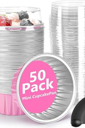Disposable Ramekins 50 Packs with Lids and Spoons,Mini Cake Pans Round Aluminum Foil Cupcake Baking Cups Muffin Cups Tins,Disposable Cakecup Wrappers Cheesecake Creme Brulee-5 Oz (Pink)