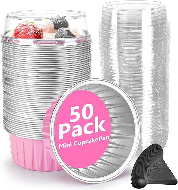 Disposable Ramekins 50 Packs with Lids and Spoons,Mini Cake Pans Round Aluminum Foil Cupcake Baking Cups Muffin Cups Tins,Disposable Cakecup Wrappers Cheesecake Creme Brulee-5 Oz (Pink)