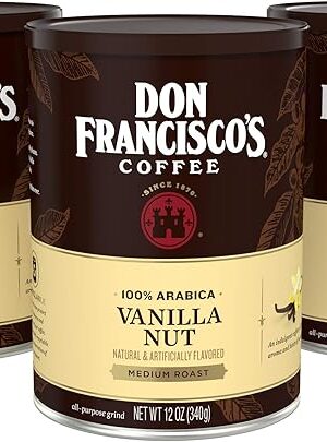 Don Francisco's Premium Vanilla Nut Ground Flavored Coffee: Rich, Aromatic 100% Arabica Beans - Family Crafted for a Delightful Morning Brew (3 x 12 oz Cans)
