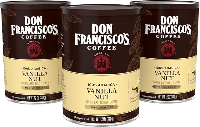 Don Francisco's Premium Vanilla Nut Ground Flavored Coffee: Rich, Aromatic 100% Arabica Beans - Family Crafted for a Delightful Morning Brew (3 x 12 oz Cans)