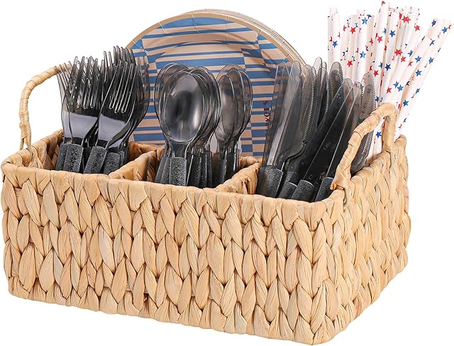 Wicker Party Silverware Caddy, Water Hyacinth Plastic Cutlery Utensil Holder, Hand Woven with Handles, Kitchen Countertop and Picnic flatware Organizer (4 compartments)