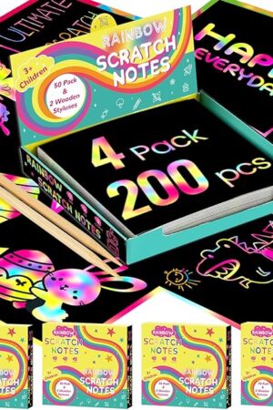 The POIKSHARK 200 PCS Rainbow Scratch Art Mini Notes for Kids Ages 3-12,Arts and Crafts Gifts for Teen Girls, Students Birthday Classroom Party Favor Games,Travel Toy Supplies for Boys and Girls,4 Pack
