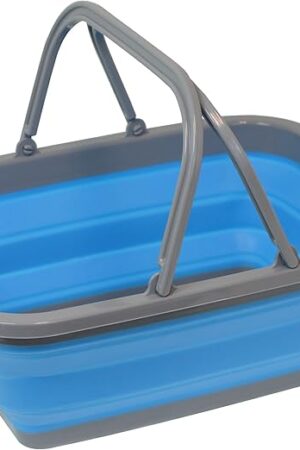 Collapsible Shopping Basket Tote – Silicone Market Basket with Handles, Portable and Foldable, Blue