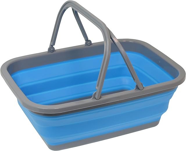 Collapsible Shopping Basket Tote – Silicone Market Basket with Handles, Portable and Foldable, Blue