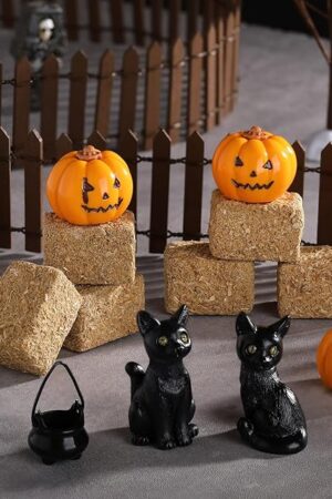 Wesiti 14 Pcs Halloween Village Accessories Set Halloween Miniature Figurines Included Pumpkins, Black Cat, Hay Bales, Witch Pot, Broom and Fence for Hallowmas Dollhouse Tabletop Party Decor