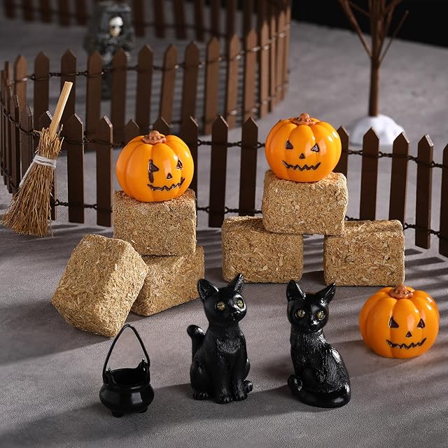 Wesiti 14 Pcs Halloween Village Accessories Set Halloween Miniature Figurines Included Pumpkins, Black Cat, Hay Bales, Witch Pot, Broom and Fence for Hallowmas Dollhouse Tabletop Party Decor