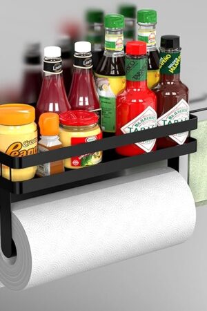 ZUNTO Magnetic Paper Towel Holder for Fridge, Black Kitchen Organizer with Towel Roll Holder, Spice Shelf and 2 Hanging Racks(No Drilling)