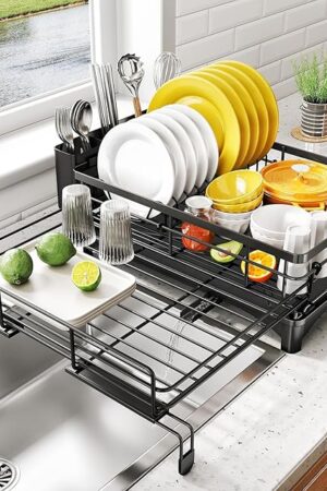 Dish Drying Rack - Extendable Dish Rack, Large Sink Drying Dish Drainer for Kitchen Counter, Stainless Steel Dish Strainer with Utensil Holder (Black)