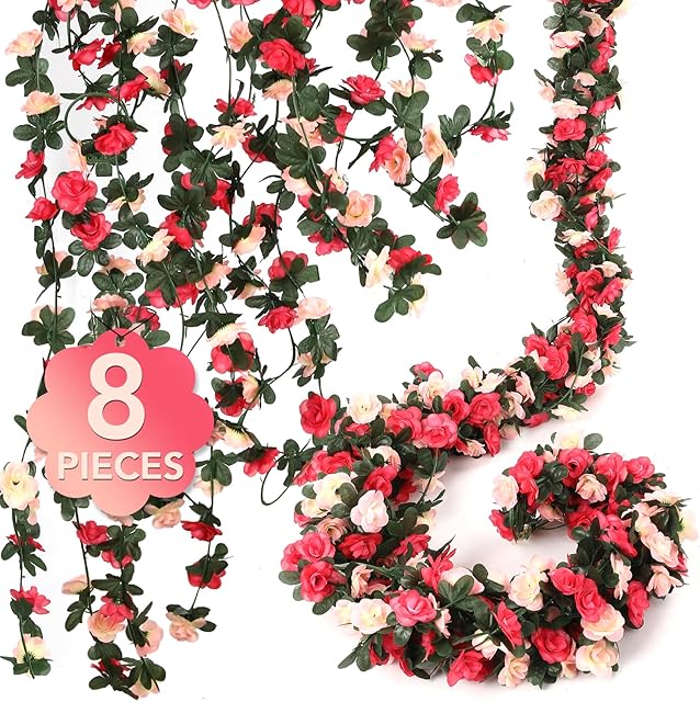 8 Pcs 65.6FT Flower Garland,Rose Garland,PinkFlower Vines for Decoration, Wedding, Garden, Wall Decoration,Backdrop,Bedroom,Birthday Party