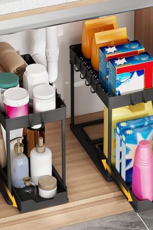 2 Pack Multi-Purpose Pull-Out Storage Organizers, Under Sink Organizers and Storage for Bathroom & Kitchen, Under Cabinet Organizers and storage, 12.8 Inch, Black