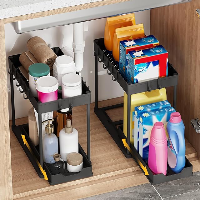 2 Pack Multi-Purpose Pull-Out Storage Organizers, Under Sink Organizers and Storage for Bathroom & Kitchen, Under Cabinet Organizers and storage, 12.8 Inch, Black