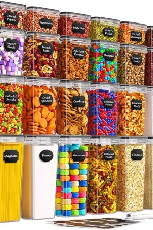 Airtight Food Storage Containers with Lids, 24 PCS Kitchen and Pantry Organization Canisters, BPA-Free, PVC-Free, Food-grade Plastic Leak-proof Jars for Cereal, Flour, Sugar, Extra 24 Labels & Marker