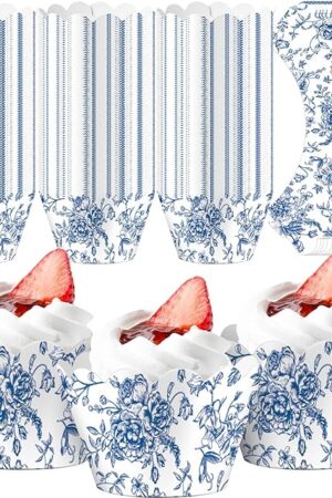 Domensi 100 Pcs Blue Floral Cupcake Wrappers Rustic Cupcake Liners Baking Cups Baking Liners for Wedding Bridal Baby Shower Birthday Party Supplies Dessert Decoration, Blue