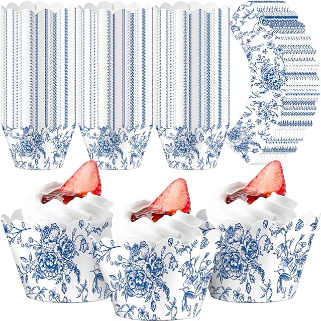 Domensi 100 Pcs Blue Floral Cupcake Wrappers Rustic Cupcake Liners Baking Cups Baking Liners for Wedding Bridal Baby Shower Birthday Party Supplies Dessert Decoration, Blue