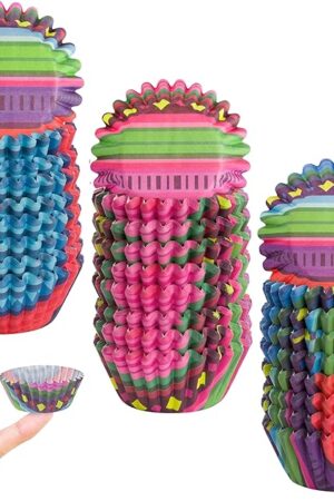 COcnny Mini Cupcakes Muffin Liners - 600pcs Mexican Cupcake Paper Liners, Mexico Fiesta Cinco De Mayo Baking Cups Case Wrappers, Colorful Cake Chocolate Candy Wrap Party Supplies (3 Styles)