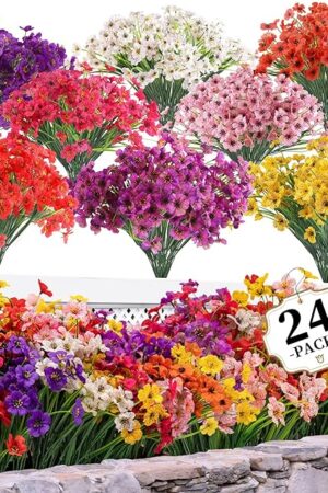 24 Bundles Artificial Flowers for Outdoors/Indoors, Fake Flowers Plants for Indoor Outside Garden Porch Window Box Home Wedding Farmhouse(8 Color)
