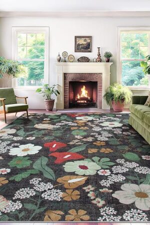 Area Rug Living Room Rugs: 5x7 Washable Rug Vintage Floral Soft Boho Non Slip Carpet Indoor Floor Non Shedding Low Pile Thin Carpets for Bedroom Dining Room Farmhouse Nursery Home Office Green