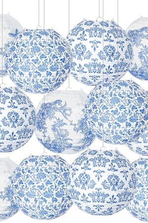 12 PCS Chinoiserie Paper Lanterns Set, 10" Blue and White Porcelain Print Decor Chinese Hanging Round Lanterns for Birthday Baby Bridal Shower Wedding Party Decoration