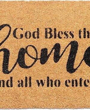 Welcome Doormats Natural Coco Coir Mats Indoor Outdoor Mats God Bless This Home Print Beige & Black 30"x17"