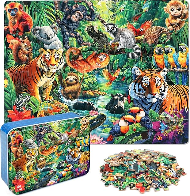 The LELEMON Puzzles for Kids Ages 4-6, Jungle Puzzle 60 Piece Puzzles for Kids in a Metal Box, Educational Kids Puzzles Jigsaw Puzzles Childrens Puzzle Games Puzzle Toys for Girls and Boys