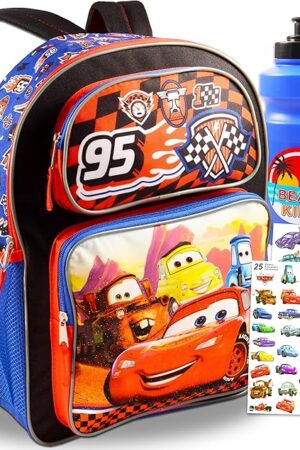Disney Cars Backpack for Kids - Bundle with 16" Disney Cars Backpack Plus Water Bottle, Tattoos, More | Lightning McQueen School Bag for Boys