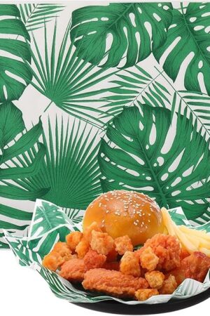 150 Pcs Wax Paper Palm Leaf Summer Theme Wax Sheets for Food Greaseproof Sandwich Wrapping Paper Waterproof Food Basket Liners Oil Leaf Deli for Burger Cookies Candy Dessert