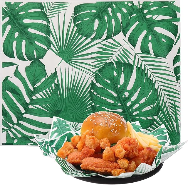 150 Pcs Wax Paper Palm Leaf Summer Theme Wax Sheets for Food Greaseproof Sandwich Wrapping Paper Waterproof Food Basket Liners Oil Leaf Deli for Burger Cookies Candy Dessert