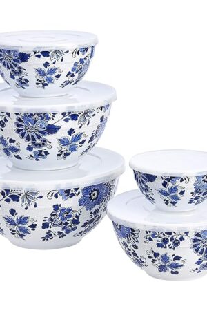 Amazon Basics Nesting Melamine Mixing Round Bowl with Lid and Non-Slip Base, 5 Sizes, Blue and White Floral, Set of 10, 4 quarts, 3 15/16",7 9/16",8 7/8",10",11 1/4"