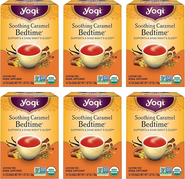 Yogi Tea Soothing Caramel Bedtime Tea - 16 Tea Bags per Pack (6 Packs) - Calming Sleep Tea - Supports Good Sleep - Includes Chamomile Flower, Rooibos Leaf, Roasted Chicory Root & More